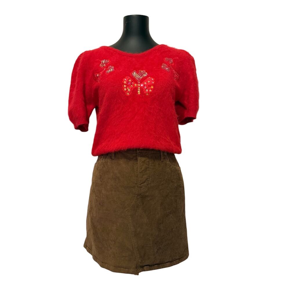 Vintage NamKyung Red Short Sleeve Fuzzy Knit Sequin Butterfly Sweater, size L